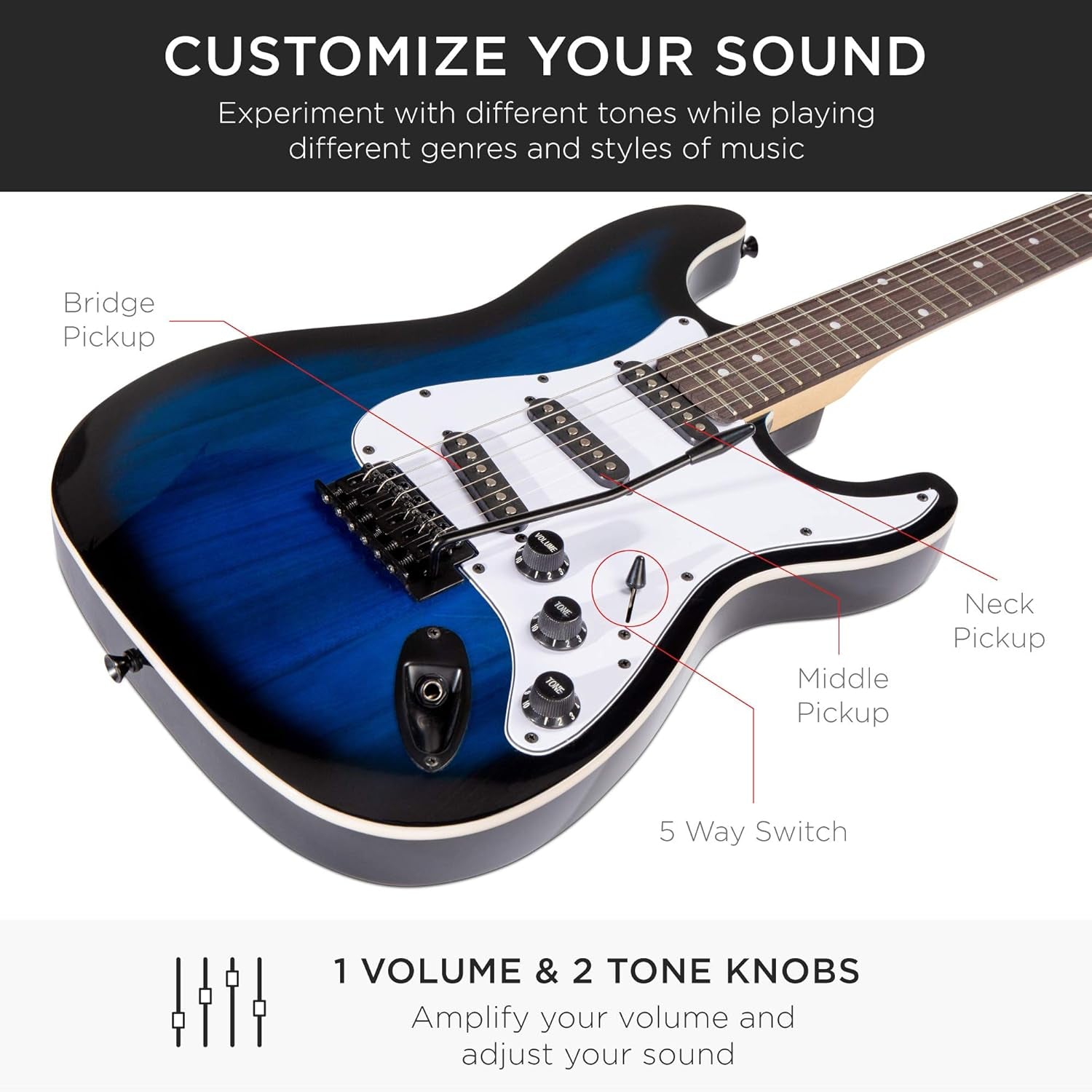 39In Full Size Beginner Electric Guitar Starter Kit W/Case, Strap, 10W Amp, Strings, Pick, Tremolo Bar - Hollywood Blue