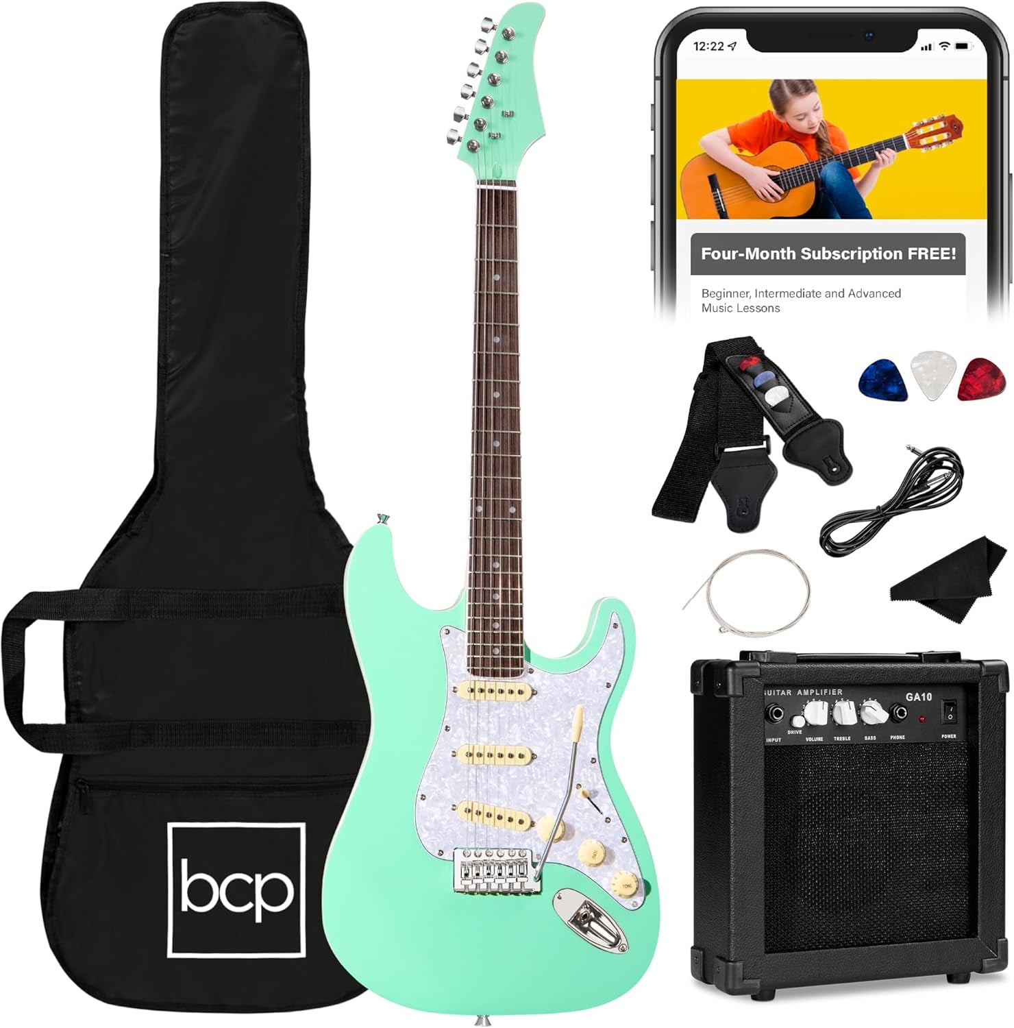 39In Full Size Beginner Electric Guitar Starter Kit W/Case, Strap, 10W Amp, Strings, Pick, Tremolo Bar - Hollywood Blue