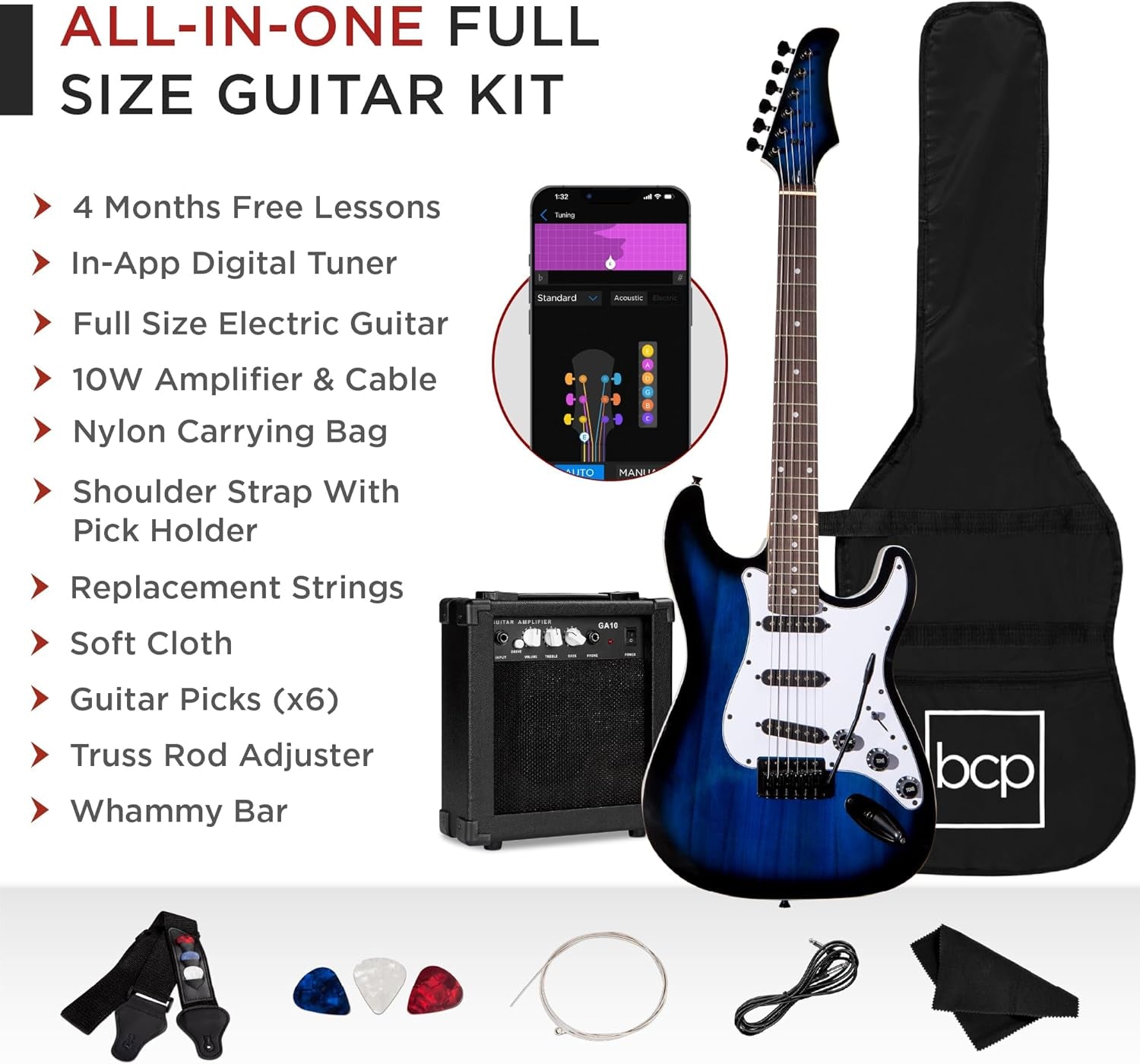 39In Full Size Beginner Electric Guitar Starter Kit W/Case, Strap, 10W Amp, Strings, Pick, Tremolo Bar - Hollywood Blue