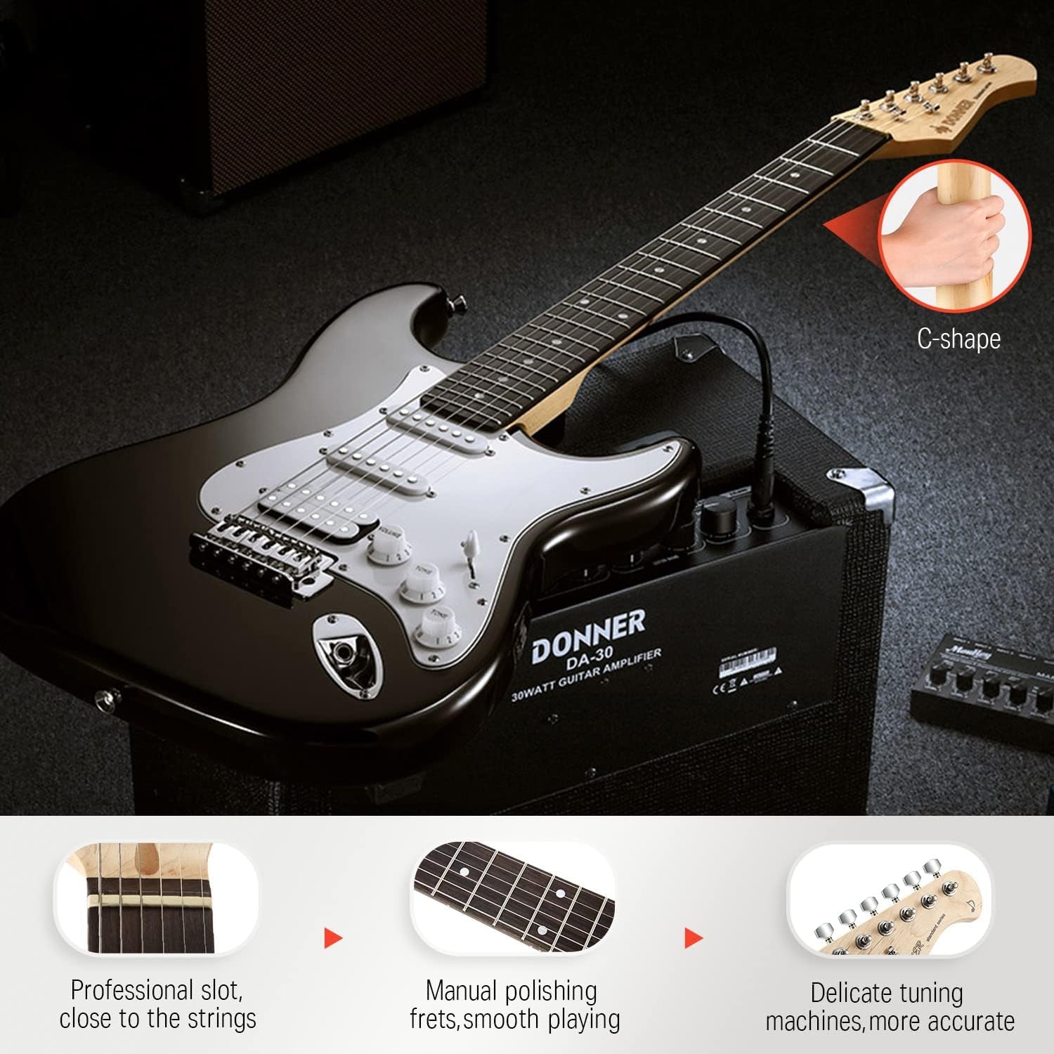 DST-100B 39 Inch Electric Guitar Beginner Kit Solid Body Full Size Black HSS for Starter, with Amplifier, Bag, Digital Tuner, Capo, Strap, String,Cable, Picks