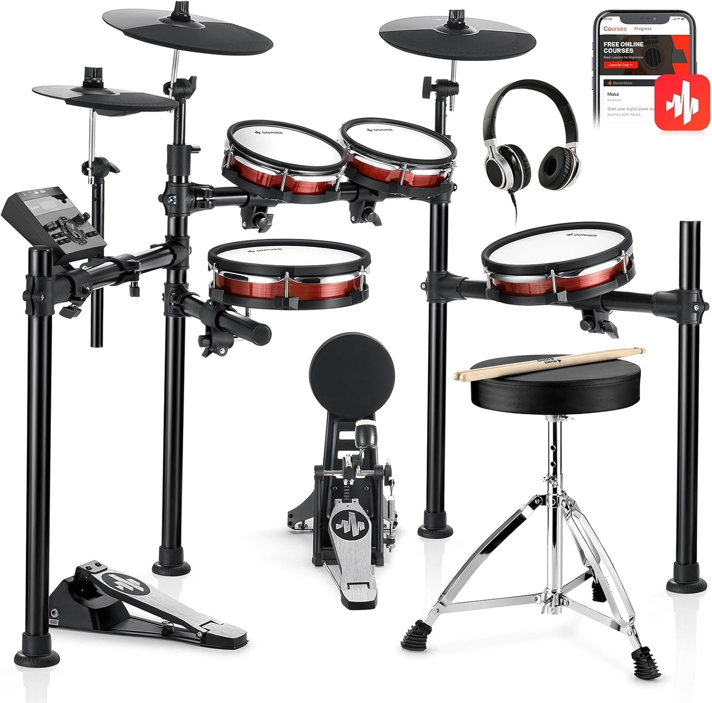 DED-200 Electric Drum Sets with Quiet Mesh Drum Pads, 2 Cymbals W/Choke, 31 Kits and 450+ Sounds, Throne, Headphones, Sticks, USB MIDI, Melodics Lessons (5 Pads, 3 Cymbals)
