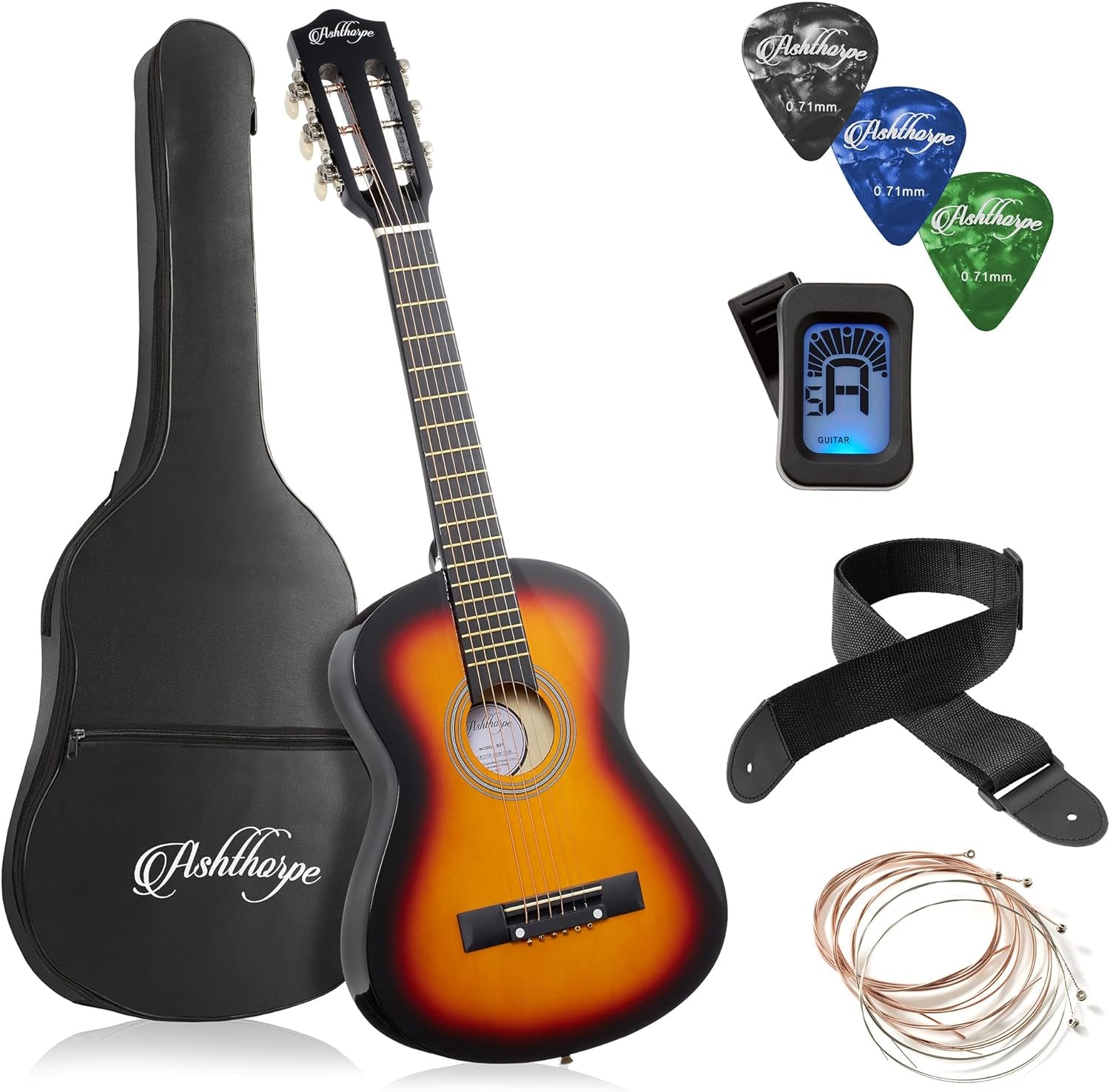 38-Inch Beginner Acoustic Guitar Package (Black), Basic Starter Kit W/Gig Bag, Strings, Strap, Tuner, Pitch Pipe, Picks