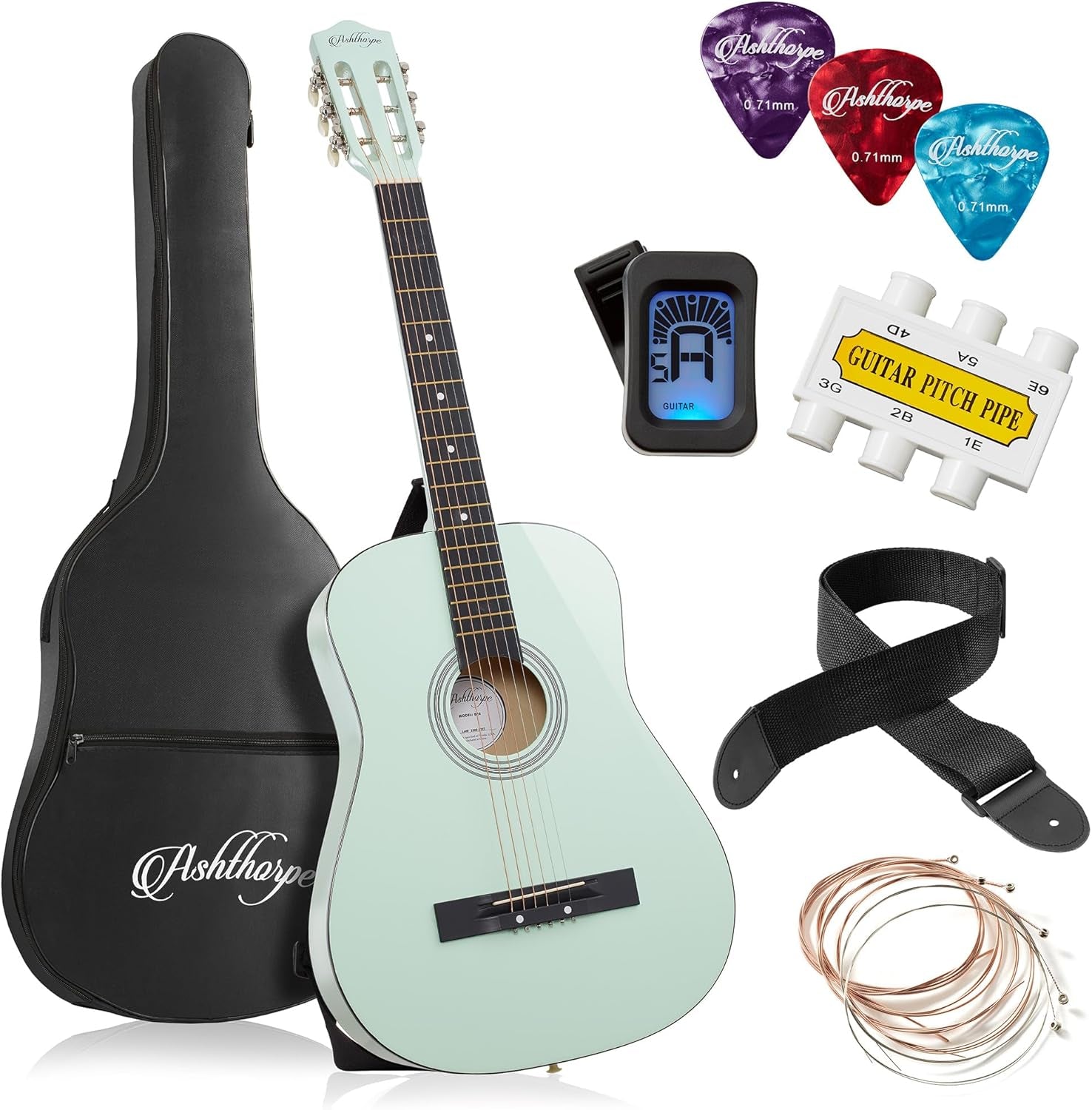 38-Inch Beginner Acoustic Guitar Package (Black), Basic Starter Kit W/Gig Bag, Strings, Strap, Tuner, Pitch Pipe, Picks
