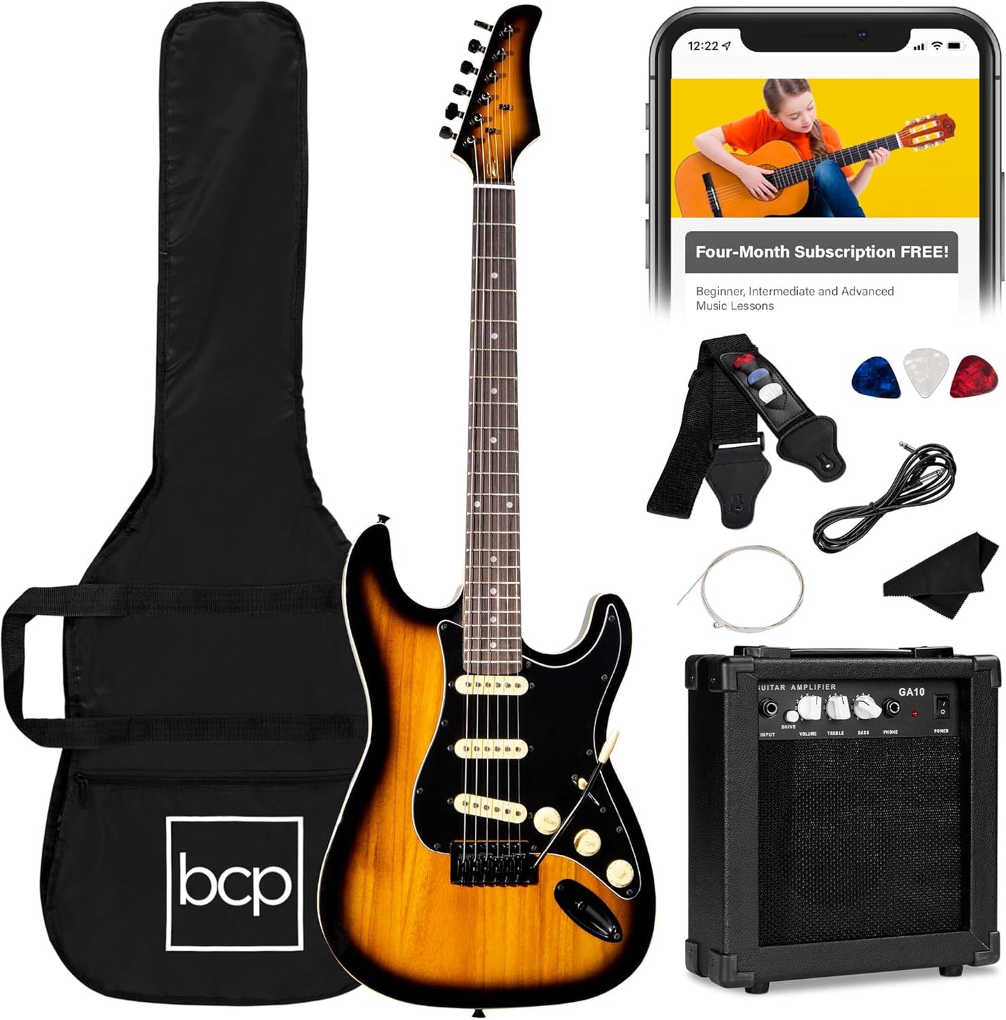 39In Full Size Beginner Electric Guitar Starter Kit W/Case, Strap, 10W Amp, Strings, Pick, Tremolo Bar - Hollywood Blue