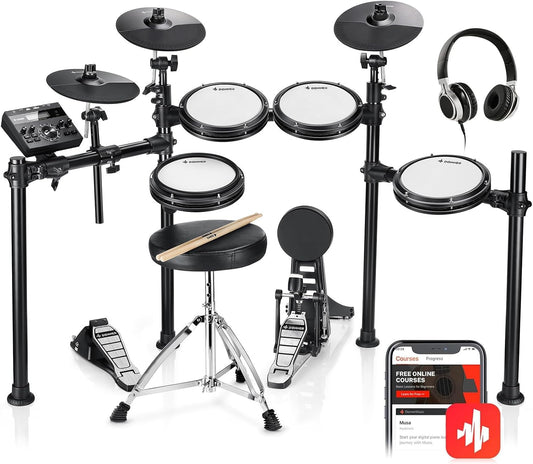 DED-200 Electric Drum Sets with Quiet Mesh Drum Pads, 2 Cymbals W/Choke, 31 Kits and 450+ Sounds, Throne, Headphones, Sticks, USB MIDI, Melodics Lessons (5 Pads, 3 Cymbals)