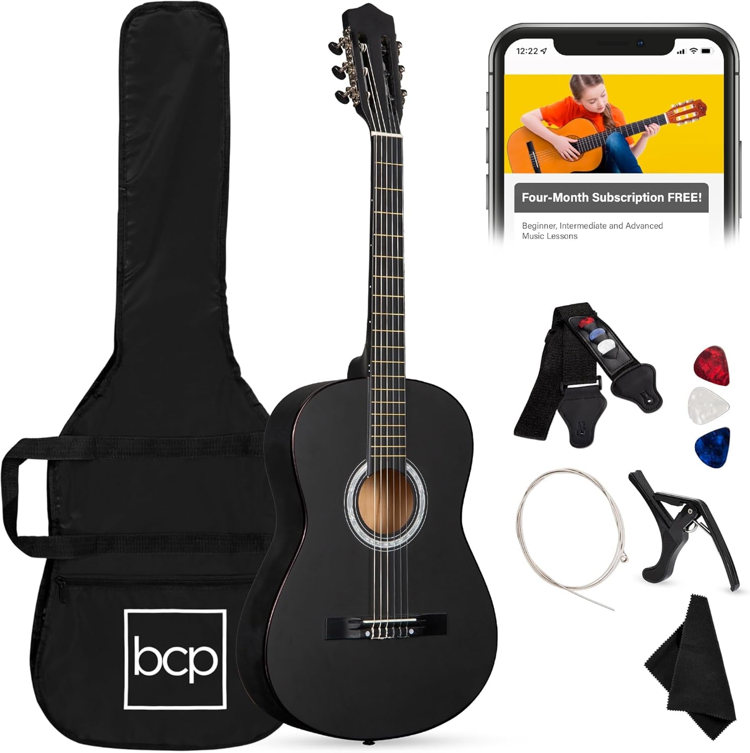 38In Beginner All Wood Acoustic Guitar Starter Kit W/Gig Bag, 6 Picks, Nylon Strings, Strap W/Pick Holder - Redburst