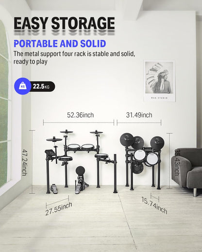 DED-200 Electric Drum Sets with Quiet Mesh Drum Pads, 2 Cymbals W/Choke, 31 Kits and 450+ Sounds, Throne, Headphones, Sticks, USB MIDI, Melodics Lessons (5 Pads, 3 Cymbals)