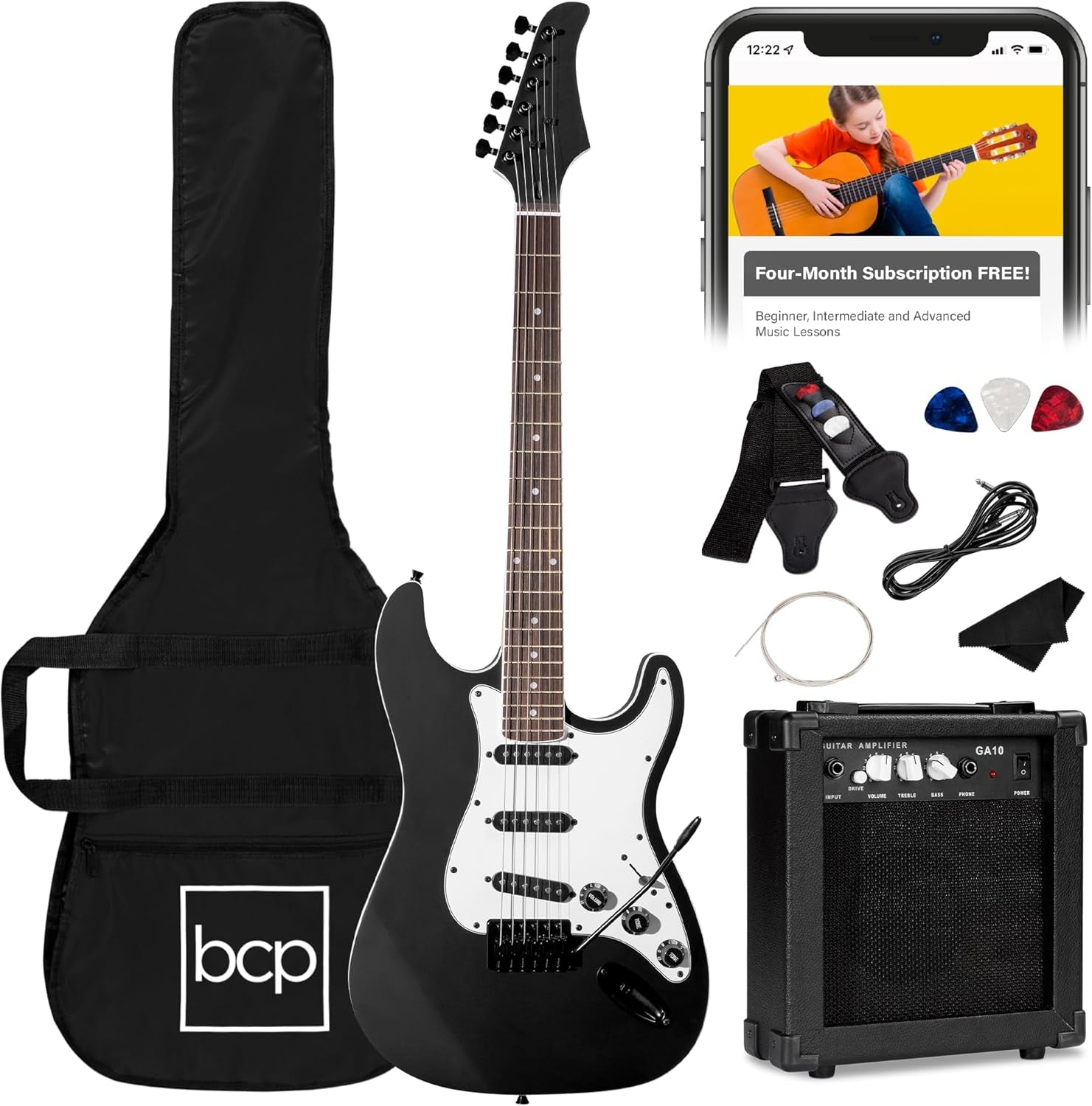 39In Full Size Beginner Electric Guitar Starter Kit W/Case, Strap, 10W Amp, Strings, Pick, Tremolo Bar - Hollywood Blue
