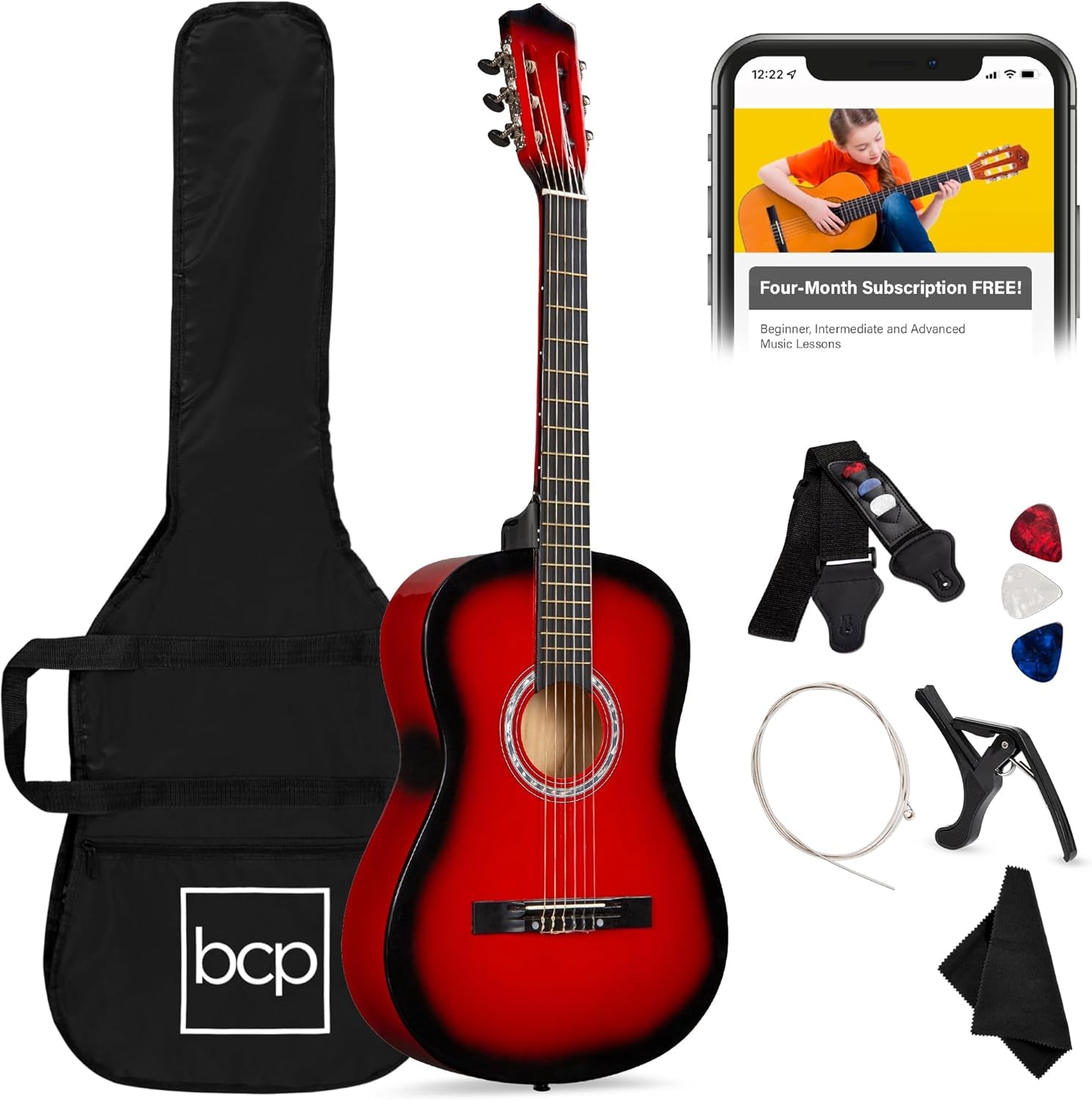 38In Beginner All Wood Acoustic Guitar Starter Kit W/Gig Bag, 6 Picks, Nylon Strings, Strap W/Pick Holder - Redburst