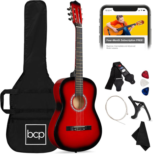 38In Beginner All Wood Acoustic Guitar Starter Kit W/Gig Bag, 6 Picks, Nylon Strings, Strap W/Pick Holder - Redburst