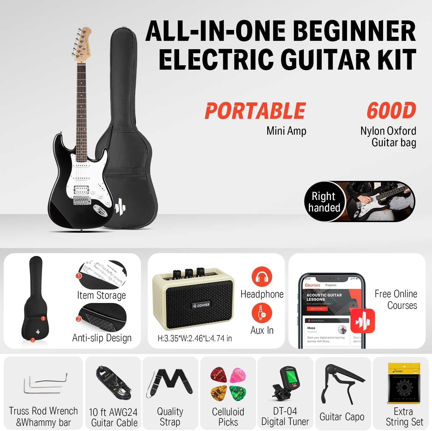 DST-100B 39 Inch Electric Guitar Beginner Kit Solid Body Full Size Black HSS for Starter, with Amplifier, Bag, Digital Tuner, Capo, Strap, String,Cable, Picks