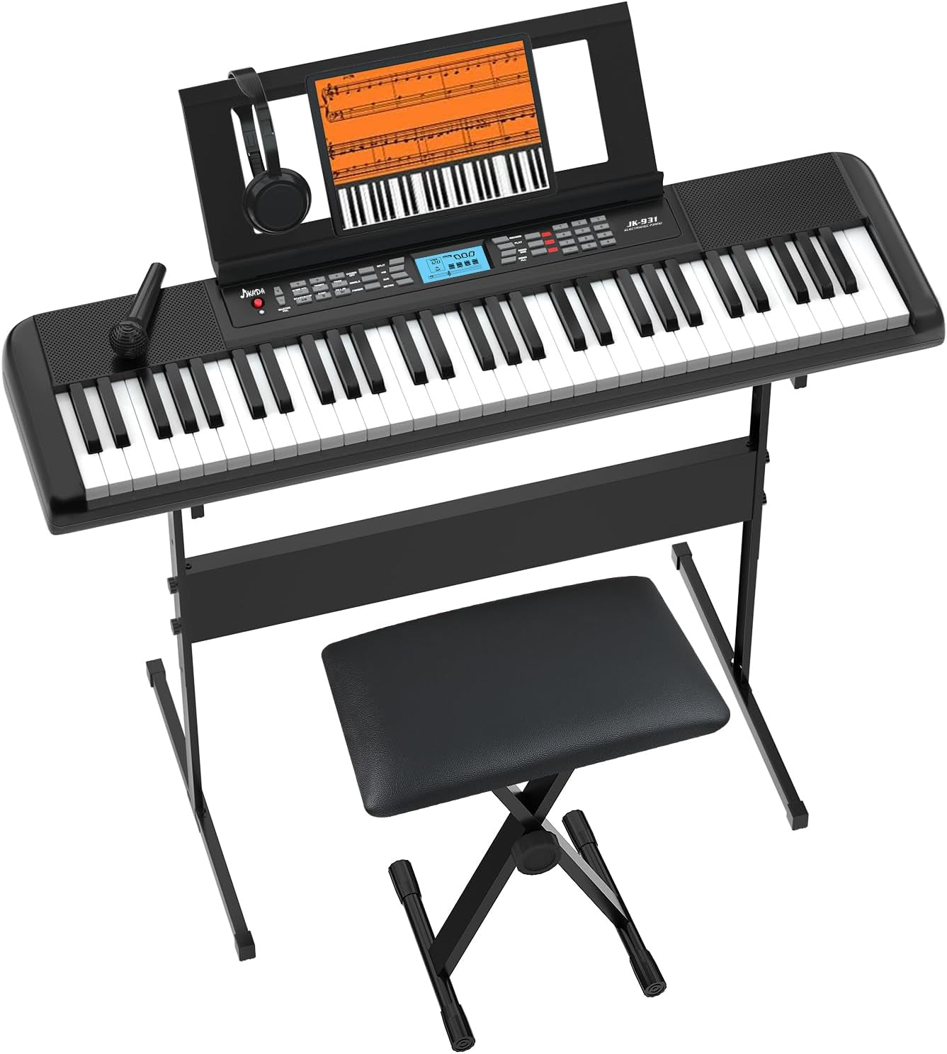 61 Key Portable Electronic Keyboard Piano W/Lighted Full Size Keys, LCD, Headphones, X-Stand, Stool, Music Rest, Microphone, Note Stickers, Built-In Speakers,3 Teaching Modes