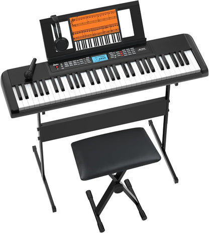 61 Key Portable Electronic Keyboard Piano W/Lighted Full Size Keys, LCD, Headphones, X-Stand, Stool, Music Rest, Microphone, Note Stickers, Built-In Speakers,3 Teaching Modes