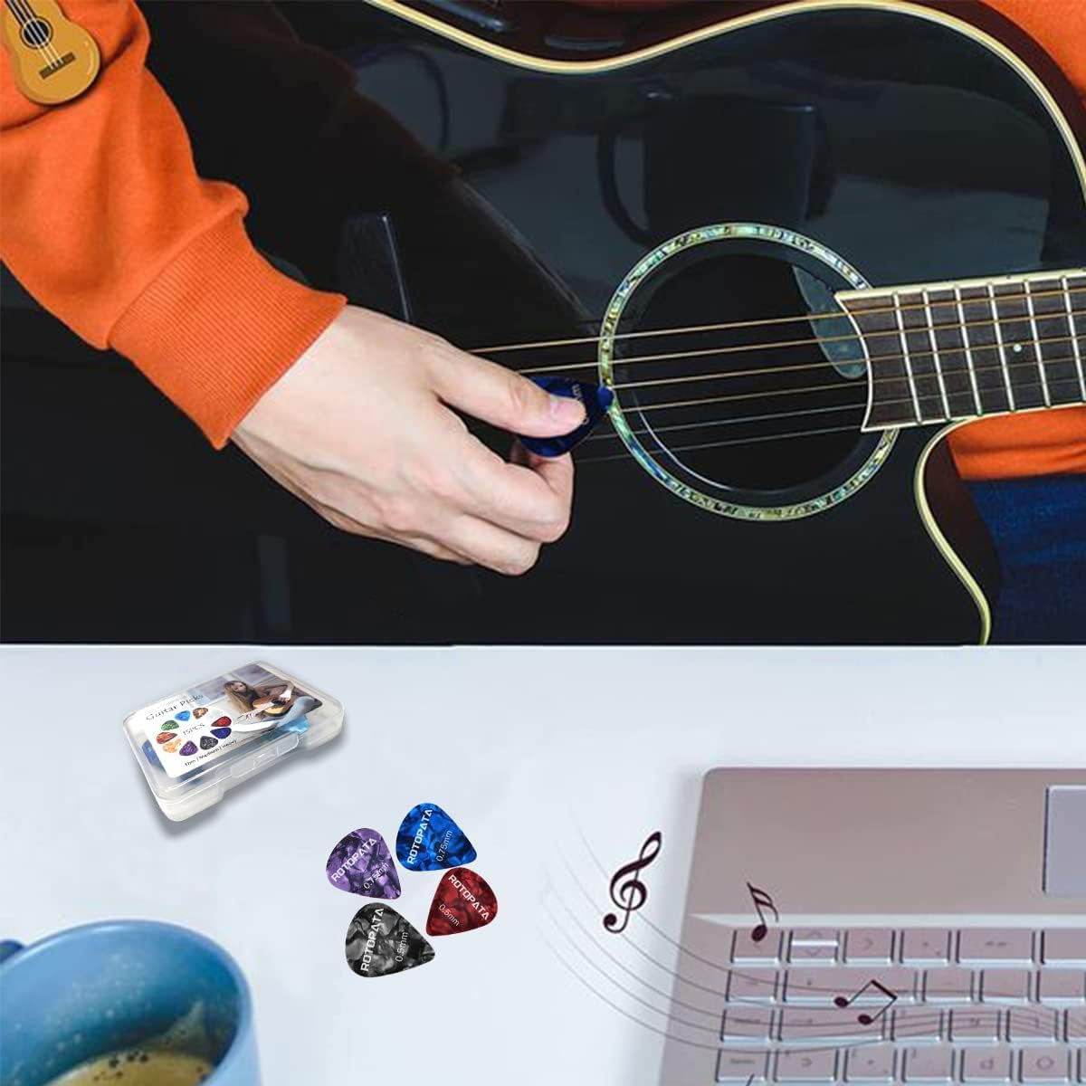 15 Pack Guitar Picks Plectrums with Organizer Storage Box, 0.5 0.75 1.0 Mm Includes Thin Medium Heavy Thickness, Variety Colorful Celluloid Plectrums for Bass Electric Acoustic Guitars Ukulele