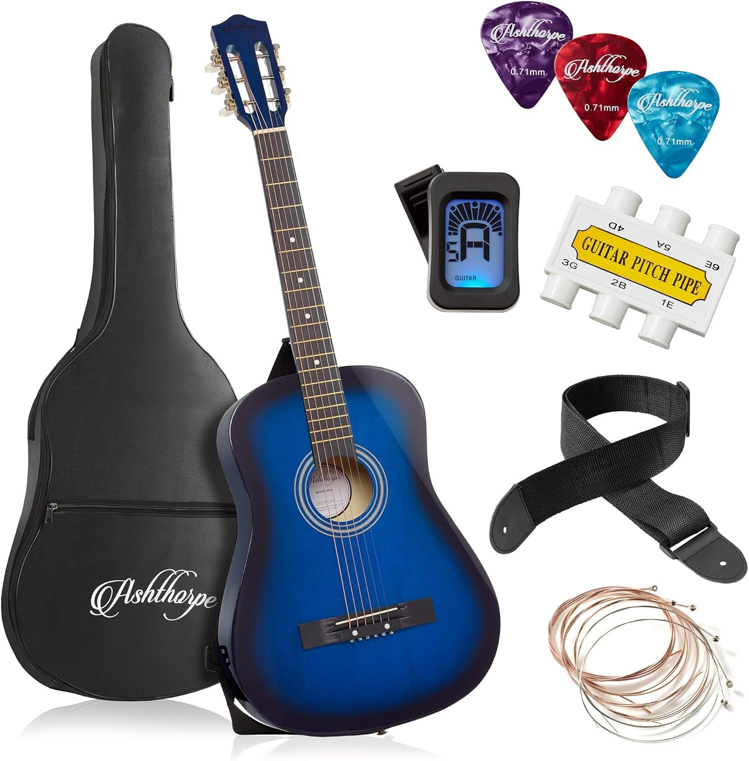 38-Inch Beginner Acoustic Guitar Package (Black), Basic Starter Kit W/Gig Bag, Strings, Strap, Tuner, Pitch Pipe, Picks