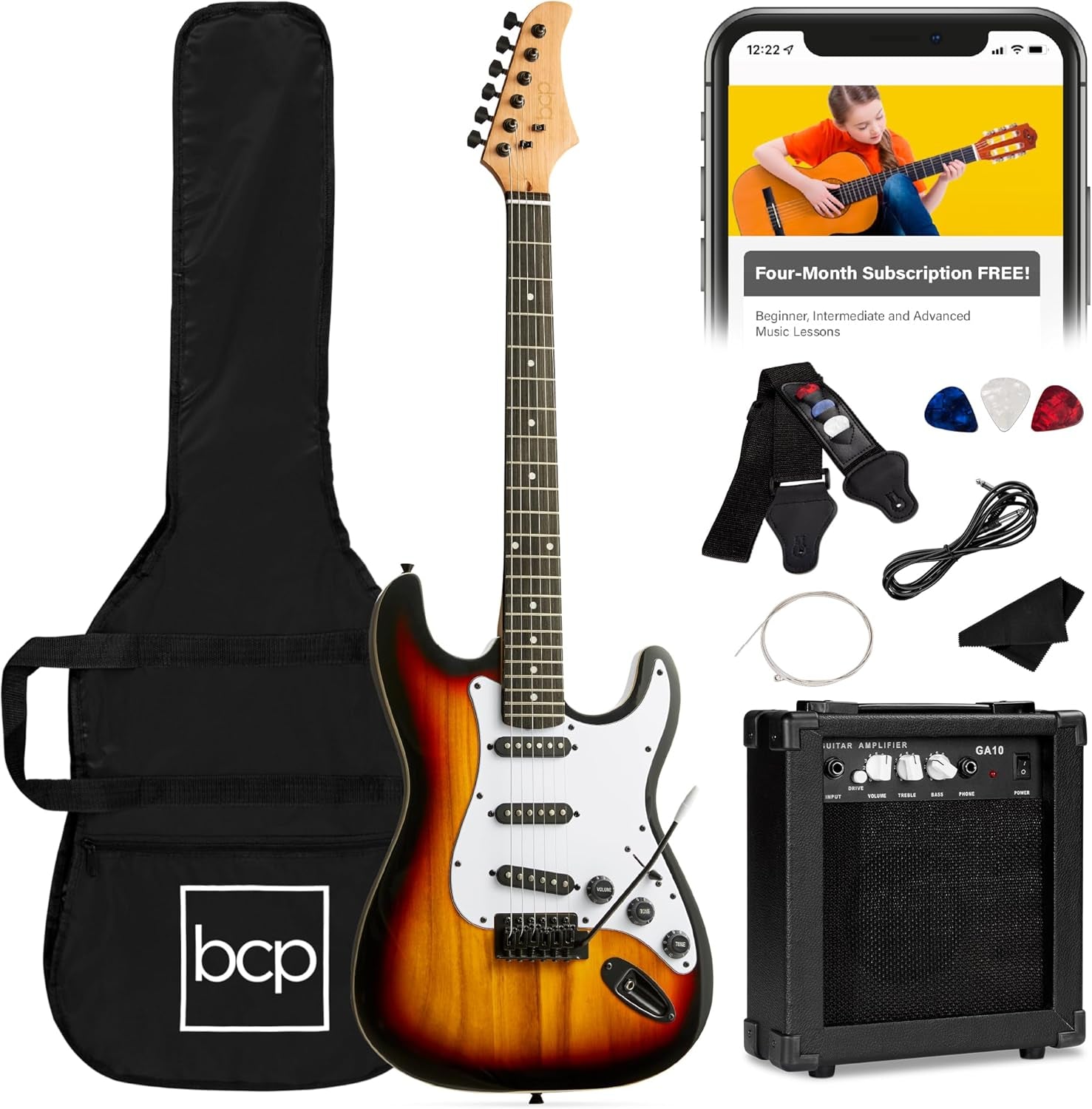 39In Full Size Beginner Electric Guitar Starter Kit W/Case, Strap, 10W Amp, Strings, Pick, Tremolo Bar - Hollywood Blue