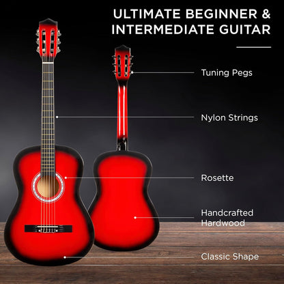 38In Beginner All Wood Acoustic Guitar Starter Kit W/Gig Bag, 6 Picks, Nylon Strings, Strap W/Pick Holder - Redburst
