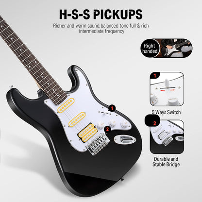 DST-100B 39 Inch Electric Guitar Beginner Kit Solid Body Full Size Black HSS for Starter, with Amplifier, Bag, Digital Tuner, Capo, Strap, String,Cable, Picks
