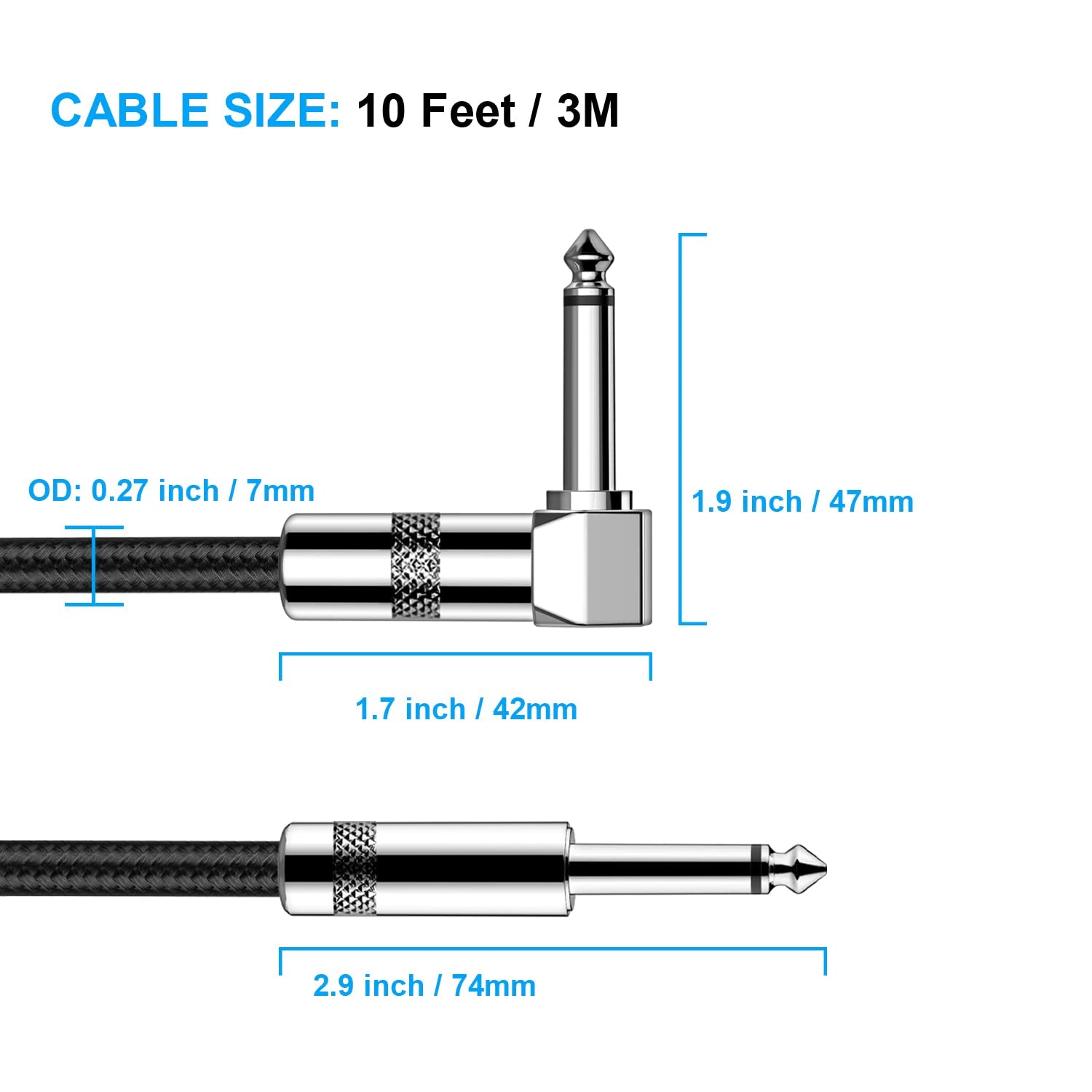 Guitar Cable 10Ft Electric Instrument Bass AMP Cord for Electric Mandolin, Pro Audio (Right Angle to Straight, Black)