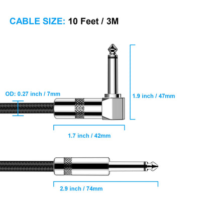 Guitar Cable 10Ft Electric Instrument Bass AMP Cord for Electric Mandolin, Pro Audio (Right Angle to Straight, Black)