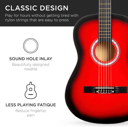 38In Beginner All Wood Acoustic Guitar Starter Kit W/Gig Bag, 6 Picks, Nylon Strings, Strap W/Pick Holder - Redburst