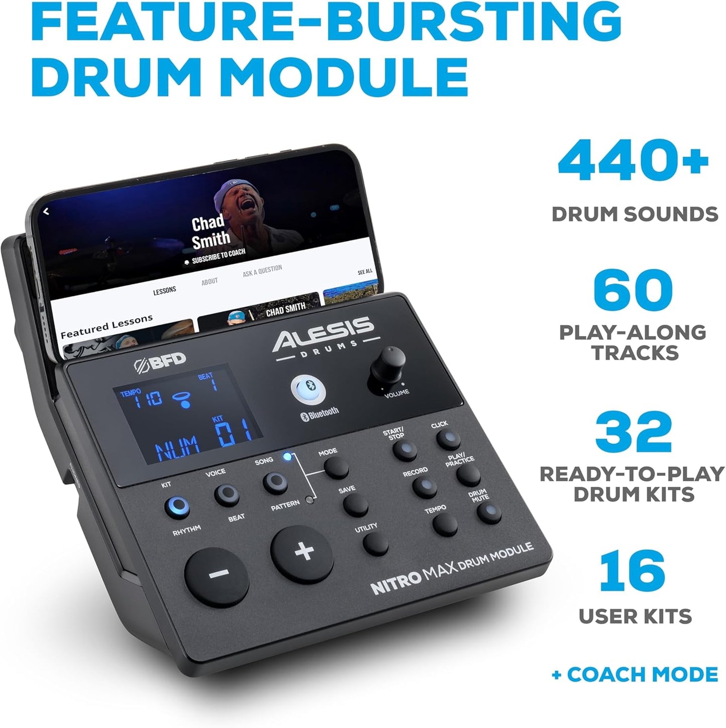 Nitro Max Kit Electric Drum Set with Quiet Mesh Pads, 10" Dual Zone Snare, Bluetooth, 440+ Authentic Sounds, Drumeo, USB MIDI, Kick Pedal