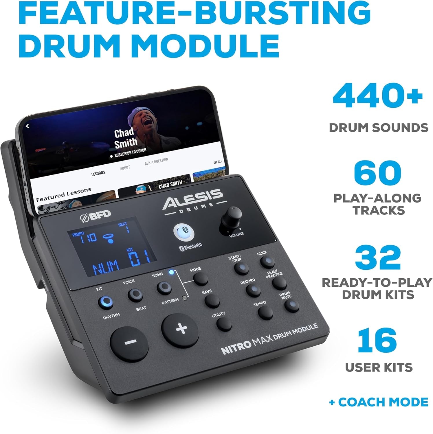 Nitro Max Kit Electric Drum Set with Quiet Mesh Pads, 10" Dual Zone Snare, Bluetooth, 440+ Authentic Sounds, Drumeo, USB MIDI, Kick Pedal