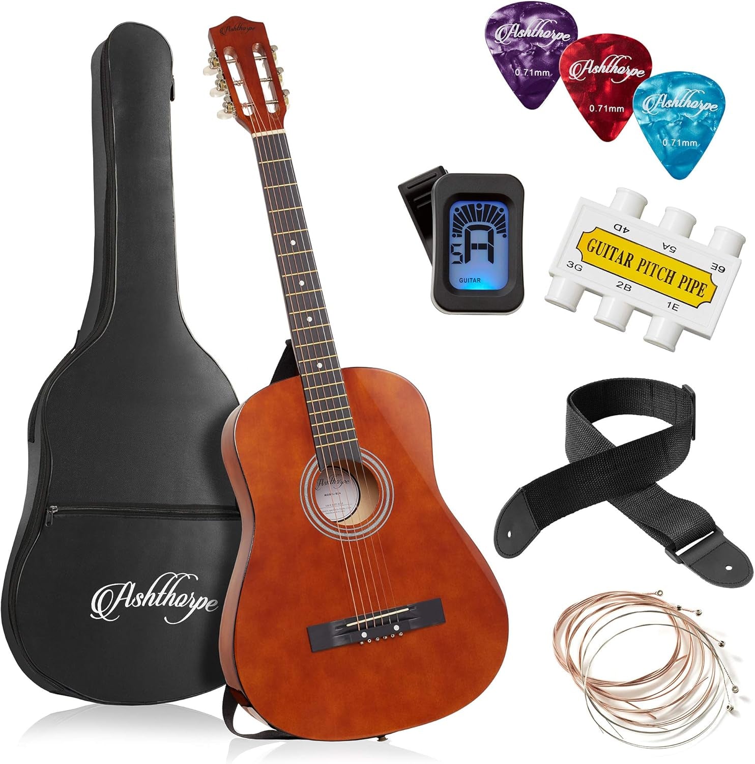 38-Inch Beginner Acoustic Guitar Package (Black), Basic Starter Kit W/Gig Bag, Strings, Strap, Tuner, Pitch Pipe, Picks