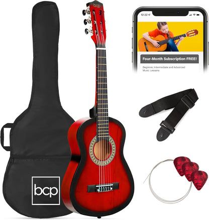 38In Beginner All Wood Acoustic Guitar Starter Kit W/Gig Bag, 6 Picks, Nylon Strings, Strap W/Pick Holder - Redburst