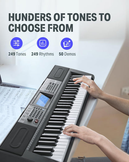 61 Key Keyboard Piano, Electric Piano Keyboard Kit with 249 Voices, 249 Rhythms - Includes Piano Stand, Stool, Microphone, Gift for Beginners, Black (DEK-610S)