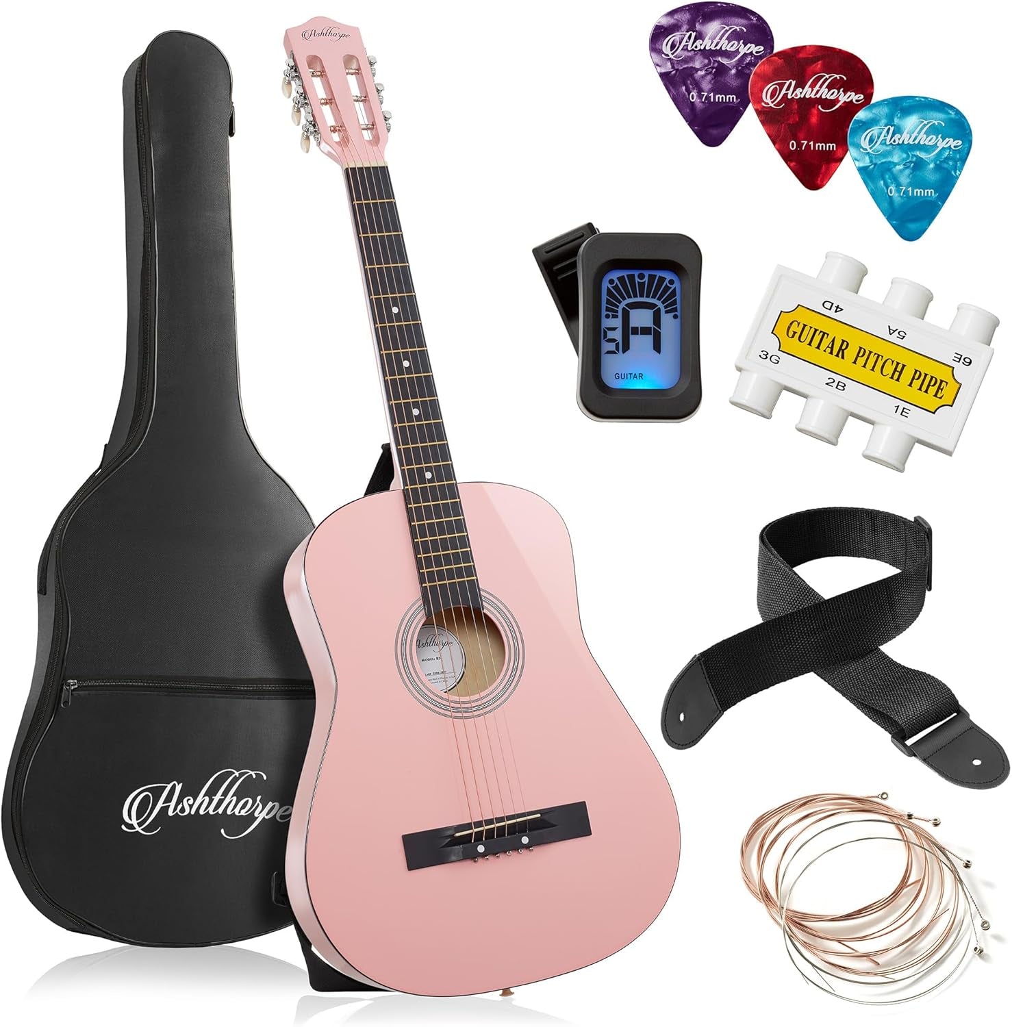 38-Inch Beginner Acoustic Guitar Package (Black), Basic Starter Kit W/Gig Bag, Strings, Strap, Tuner, Pitch Pipe, Picks