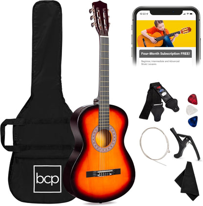 38In Beginner All Wood Acoustic Guitar Starter Kit W/Gig Bag, 6 Picks, Nylon Strings, Strap W/Pick Holder - Redburst