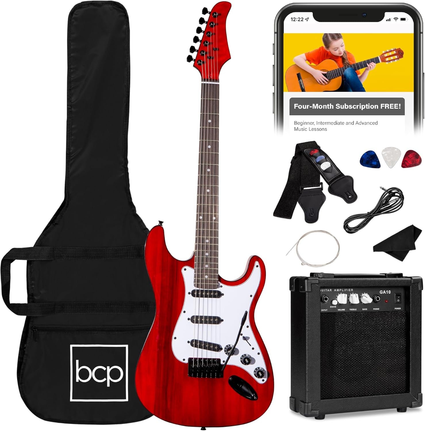 39In Full Size Beginner Electric Guitar Starter Kit W/Case, Strap, 10W Amp, Strings, Pick, Tremolo Bar - Hollywood Blue