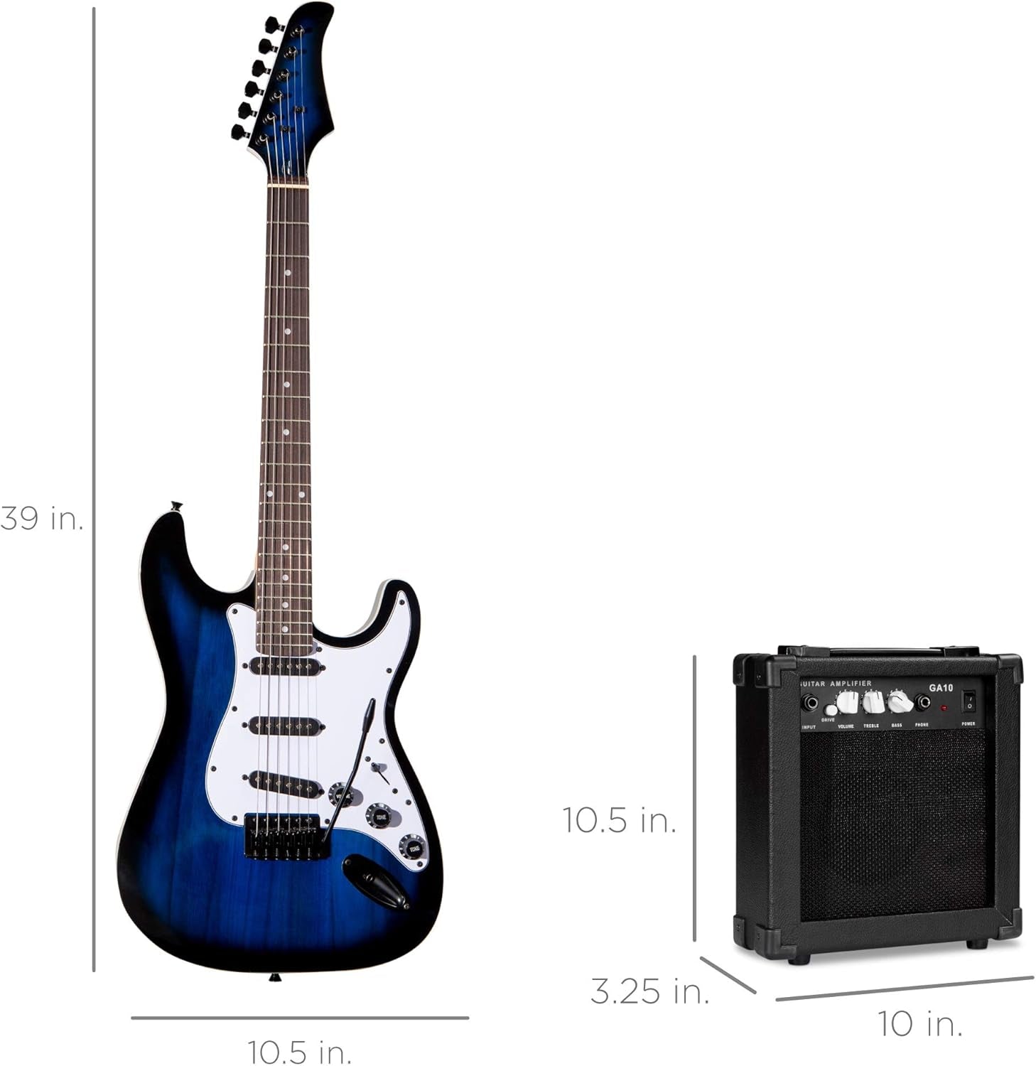 39In Full Size Beginner Electric Guitar Starter Kit W/Case, Strap, 10W Amp, Strings, Pick, Tremolo Bar - Hollywood Blue