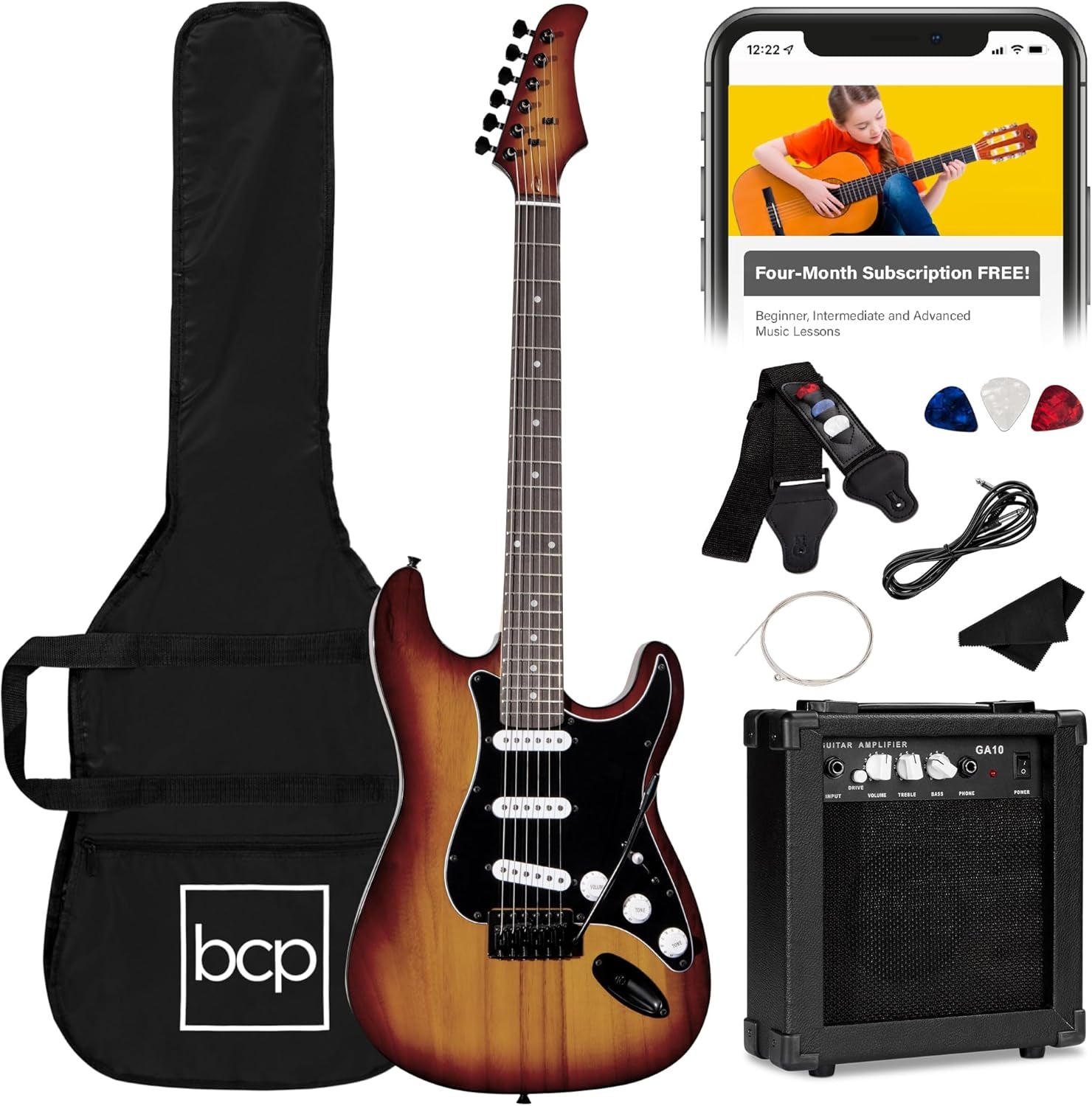 39In Full Size Beginner Electric Guitar Starter Kit W/Case, Strap, 10W Amp, Strings, Pick, Tremolo Bar - Hollywood Blue