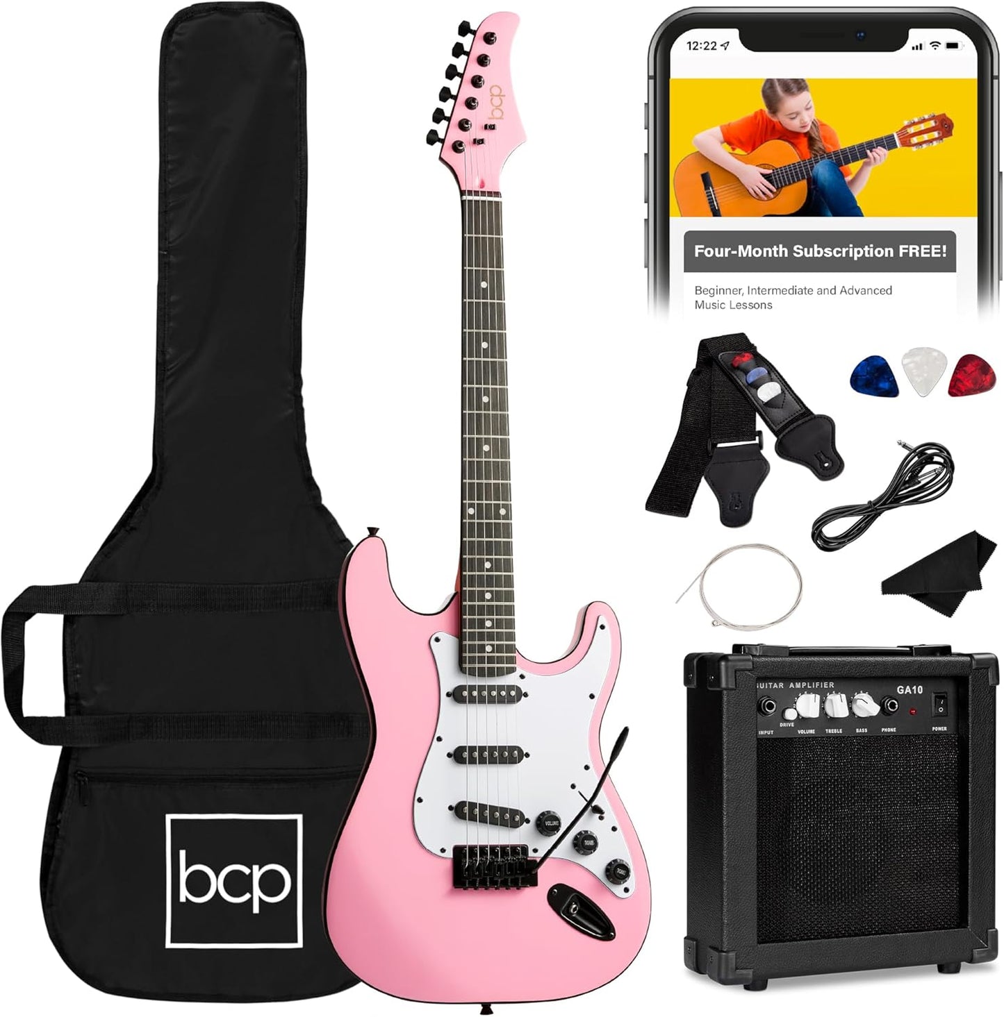 39In Full Size Beginner Electric Guitar Starter Kit W/Case, Strap, 10W Amp, Strings, Pick, Tremolo Bar - Hollywood Blue