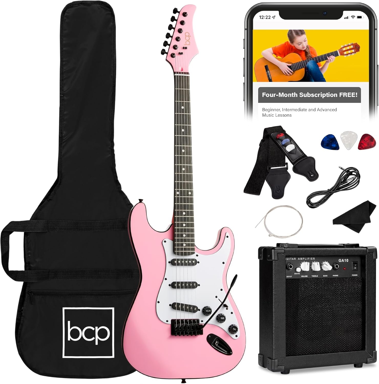 39In Full Size Beginner Electric Guitar Starter Kit W/Case, Strap, 10W Amp, Strings, Pick, Tremolo Bar - Hollywood Blue