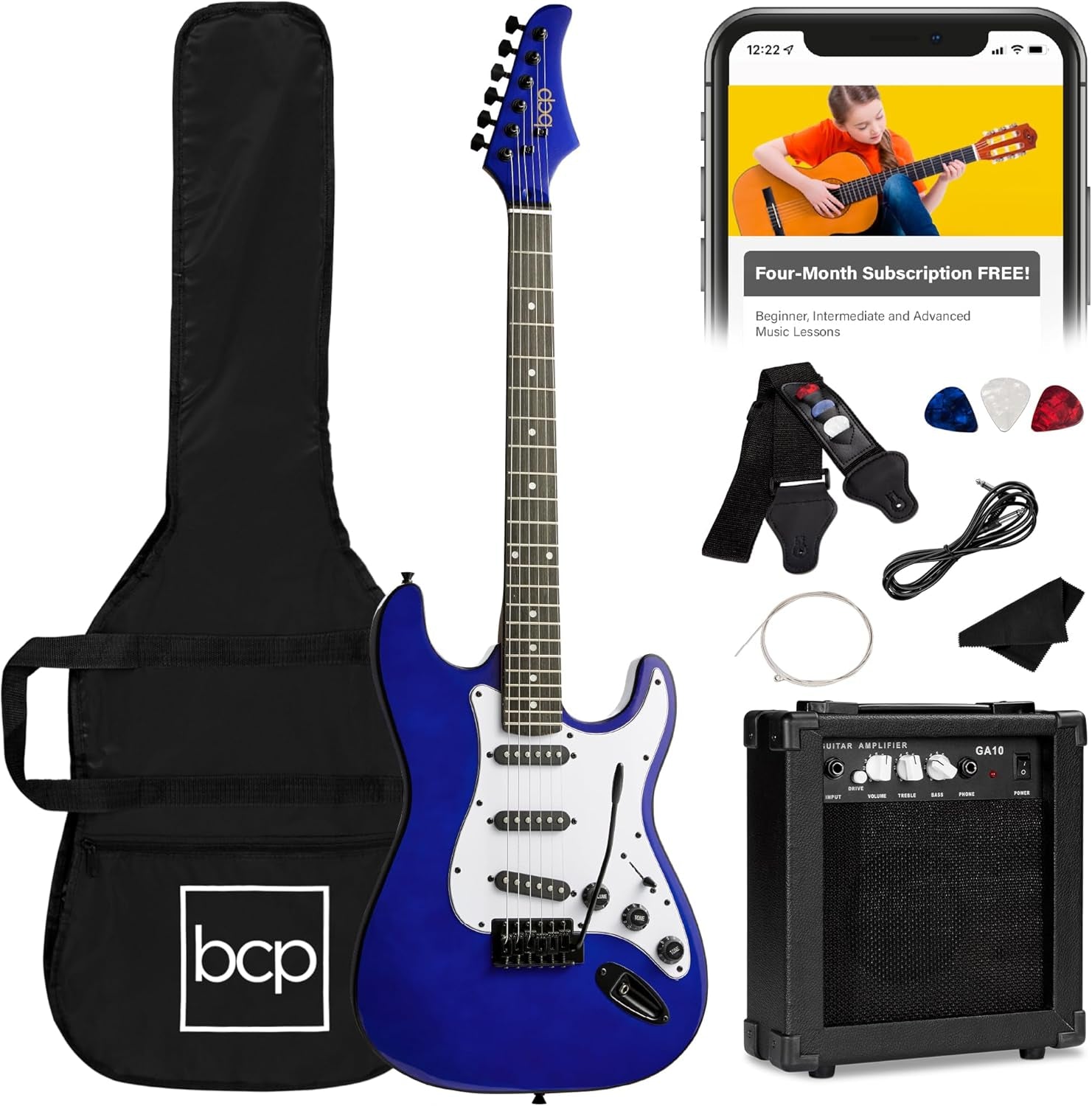 39In Full Size Beginner Electric Guitar Starter Kit W/Case, Strap, 10W Amp, Strings, Pick, Tremolo Bar - Hollywood Blue