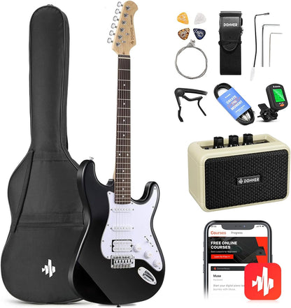 DST-100B 39 Inch Electric Guitar Beginner Kit Solid Body Full Size Black HSS for Starter, with Amplifier, Bag, Digital Tuner, Capo, Strap, String,Cable, Picks