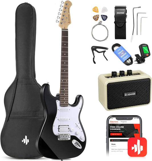 DST-100B 39 Inch Electric Guitar Beginner Kit Solid Body Full Size Black HSS for Starter, with Amplifier, Bag, Digital Tuner, Capo, Strap, String,Cable, Picks