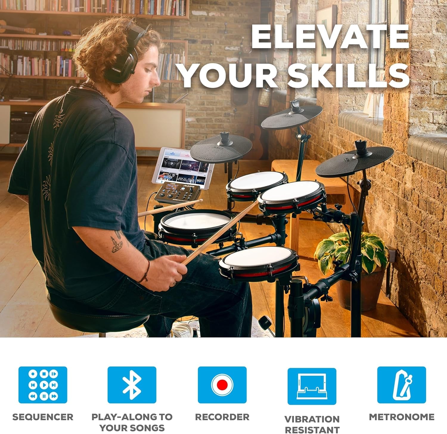 Nitro Max Kit Electric Drum Set with Quiet Mesh Pads, 10" Dual Zone Snare, Bluetooth, 440+ Authentic Sounds, Drumeo, USB MIDI, Kick Pedal