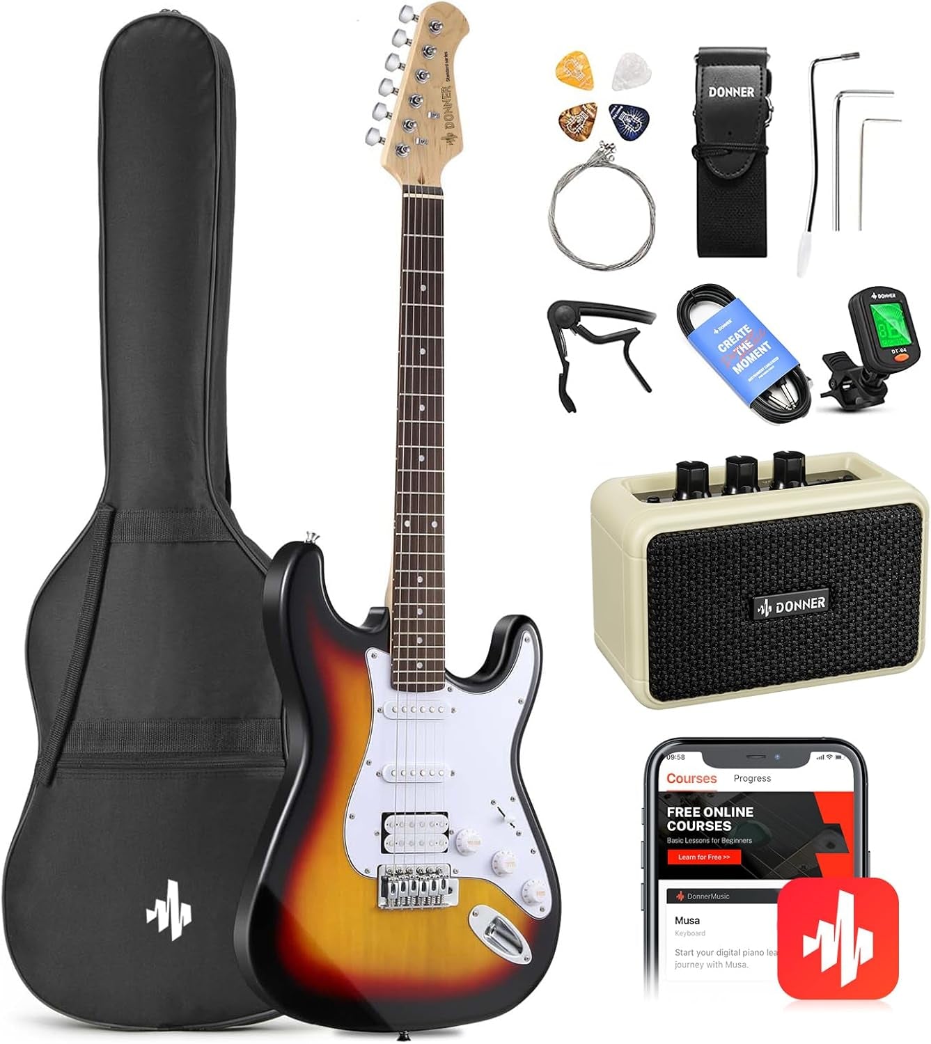DST-100B 39 Inch Electric Guitar Beginner Kit Solid Body Full Size Black HSS for Starter, with Amplifier, Bag, Digital Tuner, Capo, Strap, String,Cable, Picks