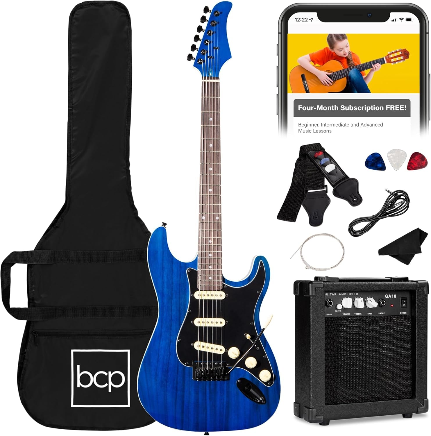 39In Full Size Beginner Electric Guitar Starter Kit W/Case, Strap, 10W Amp, Strings, Pick, Tremolo Bar - Hollywood Blue