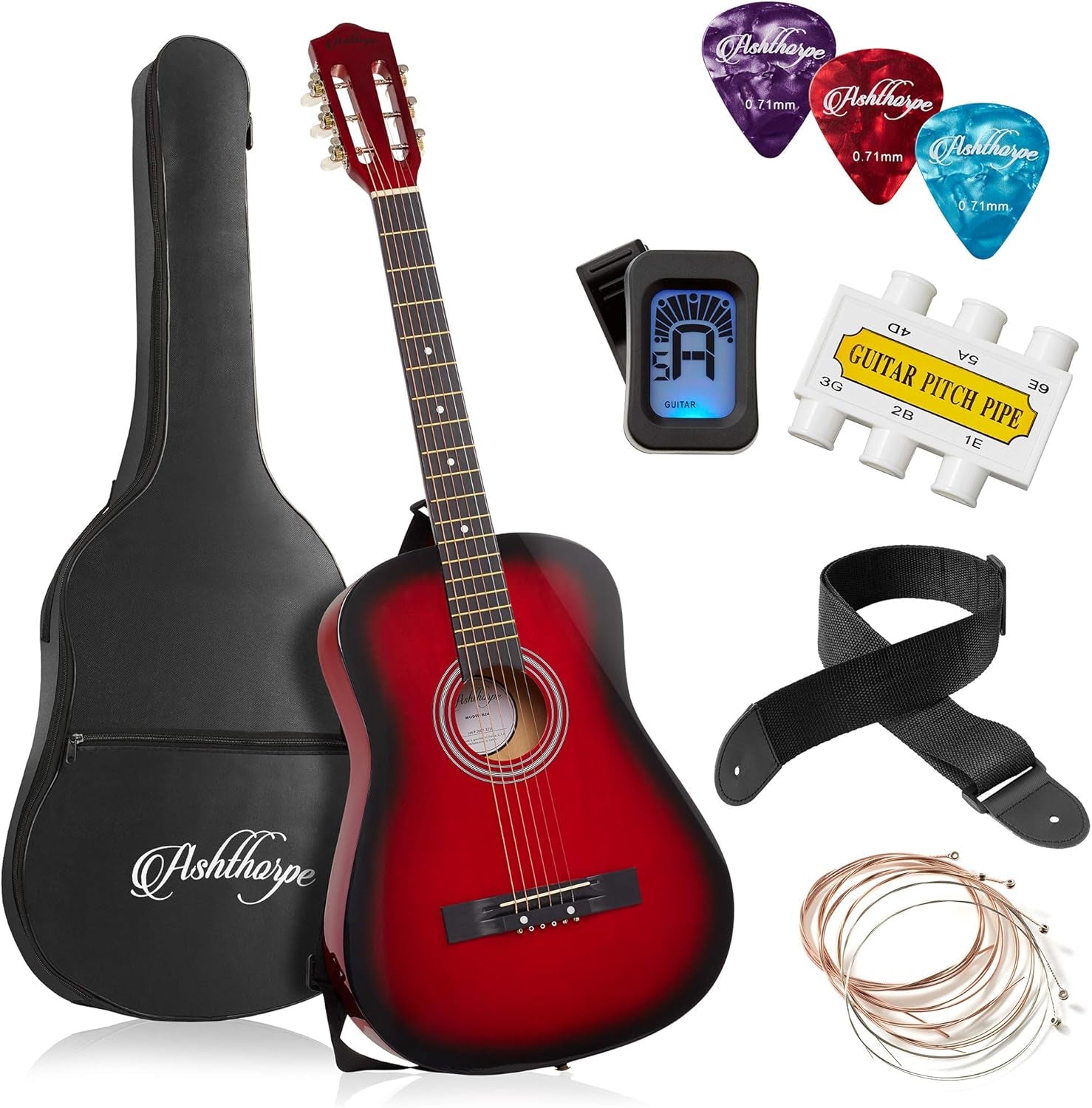 38-Inch Beginner Acoustic Guitar Package (Black), Basic Starter Kit W/Gig Bag, Strings, Strap, Tuner, Pitch Pipe, Picks