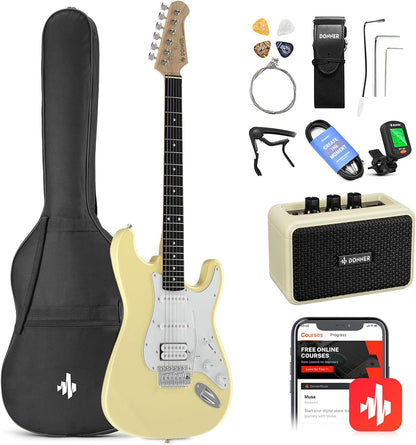 DST-100B 39 Inch Electric Guitar Beginner Kit Solid Body Full Size Black HSS for Starter, with Amplifier, Bag, Digital Tuner, Capo, Strap, String,Cable, Picks