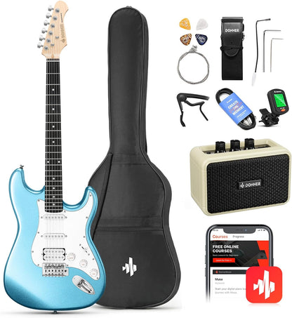 DST-100B 39 Inch Electric Guitar Beginner Kit Solid Body Full Size Black HSS for Starter, with Amplifier, Bag, Digital Tuner, Capo, Strap, String,Cable, Picks