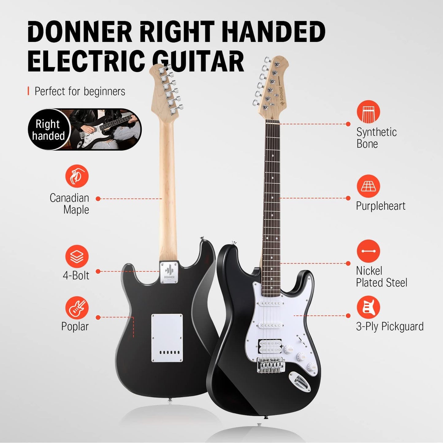 DST-100B 39 Inch Electric Guitar Beginner Kit Solid Body Full Size Black HSS for Starter, with Amplifier, Bag, Digital Tuner, Capo, Strap, String,Cable, Picks
