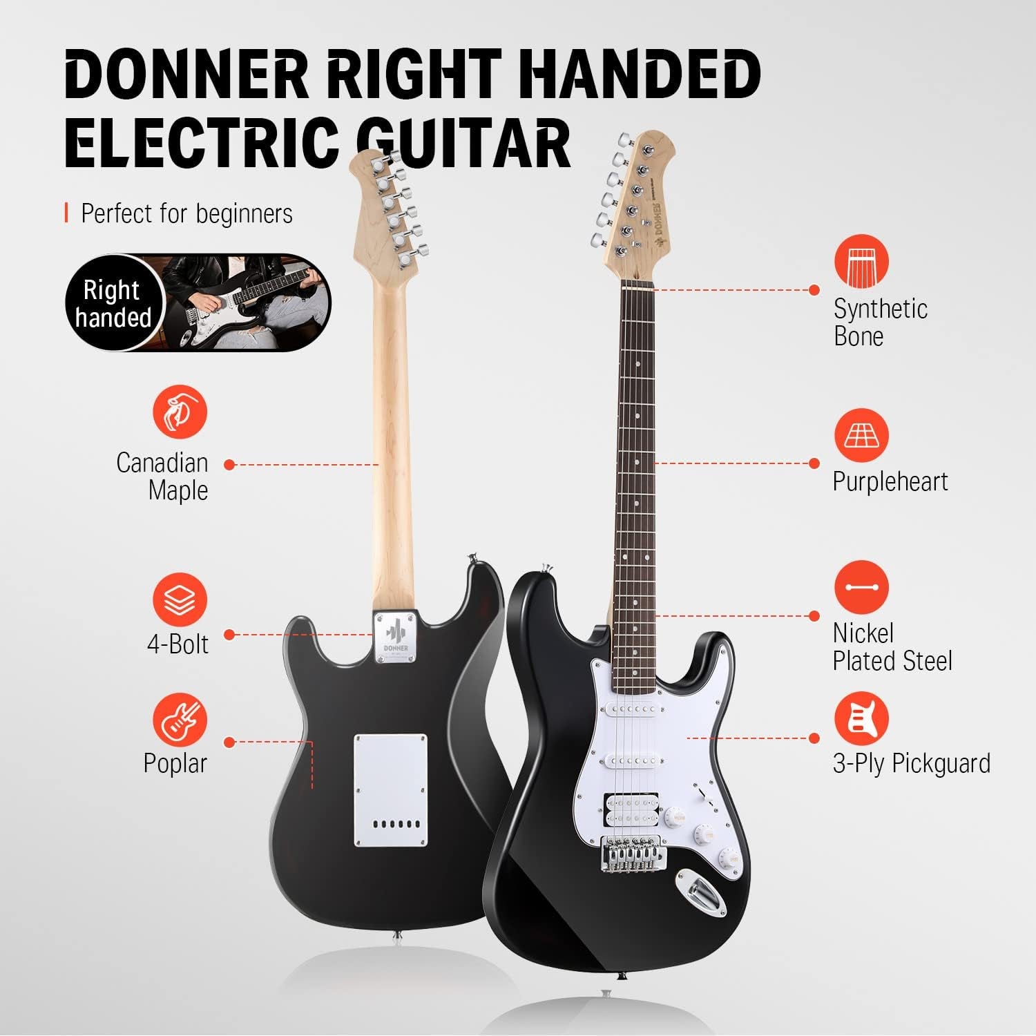 DST-100B 39 Inch Electric Guitar Beginner Kit Solid Body Full Size Black HSS for Starter, with Amplifier, Bag, Digital Tuner, Capo, Strap, String,Cable, Picks