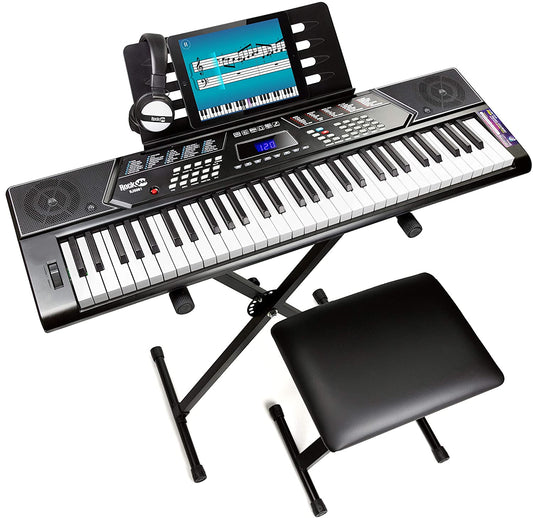 61 Key Keyboard Piano Stand with Pitch Bend Kit, Piano Bench, Headphones, Simply Piano App & Keynote Stickers