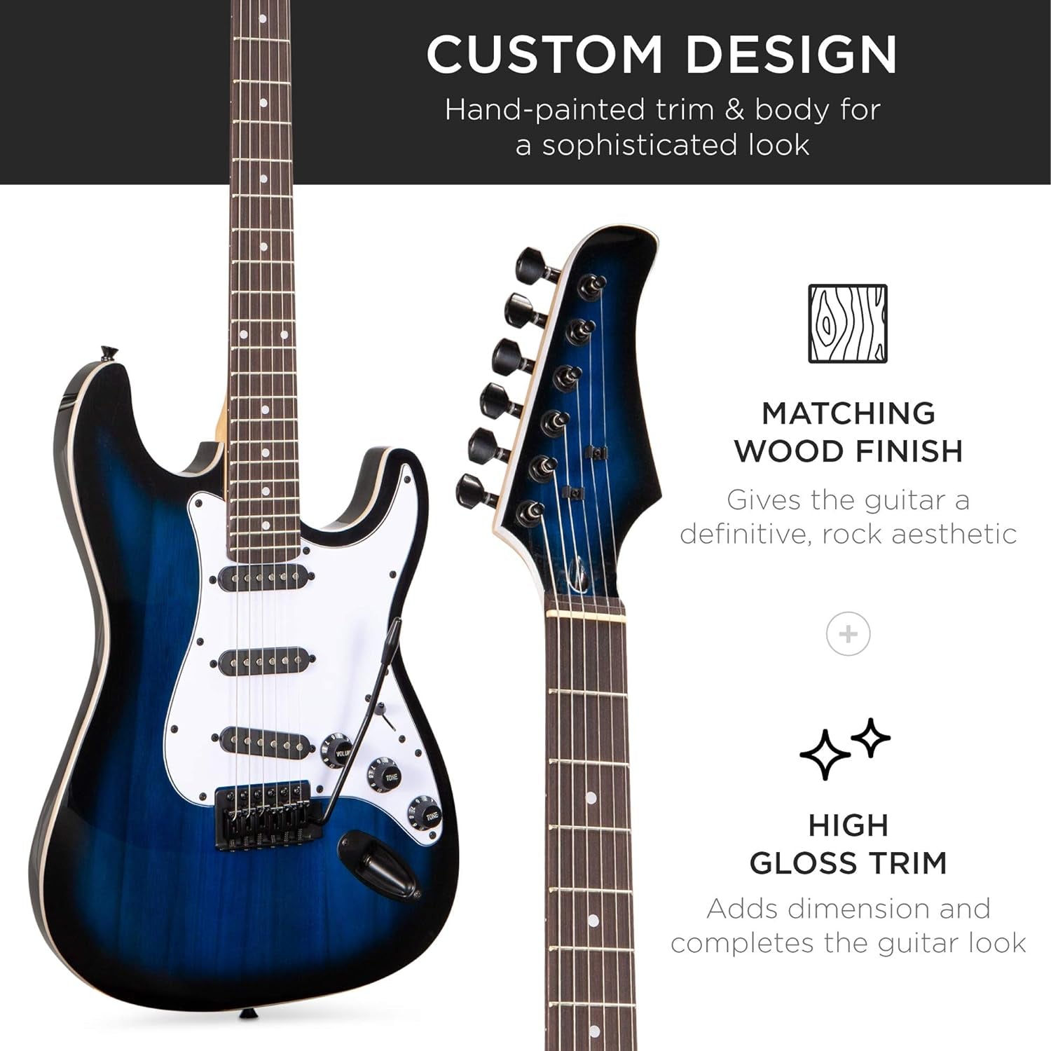 39In Full Size Beginner Electric Guitar Starter Kit W/Case, Strap, 10W Amp, Strings, Pick, Tremolo Bar - Hollywood Blue